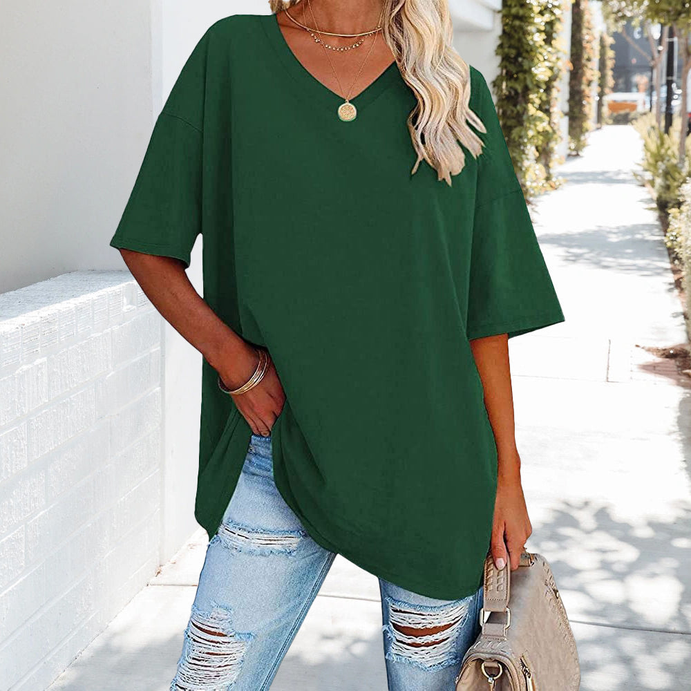 W&W Mode | einfarbiges neues Damen-T-Shirt aus Baumwolle mit V-Ausschnitt