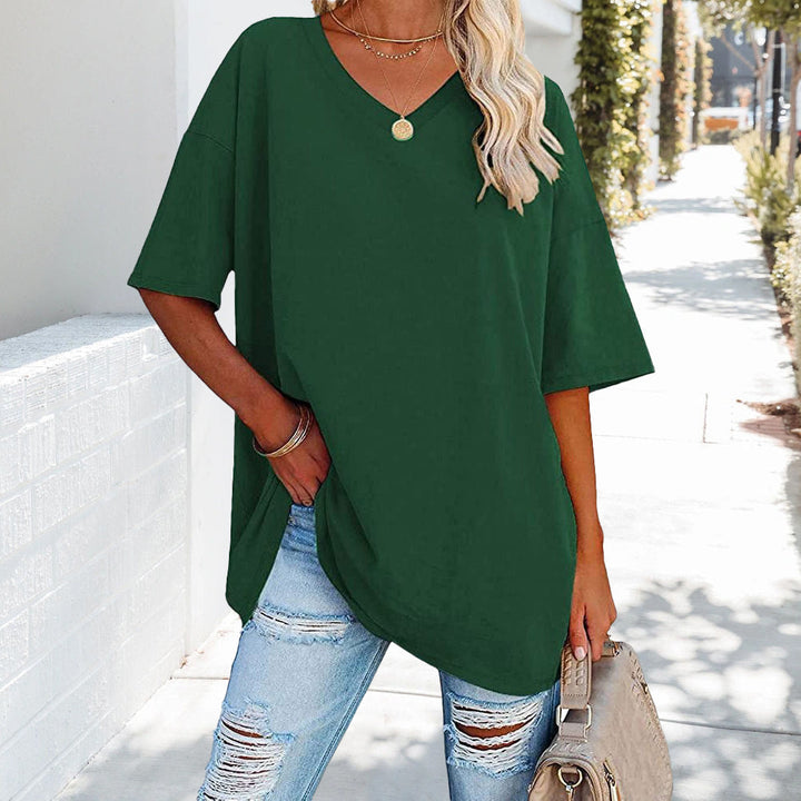 W&W Mode | einfarbiges neues Damen-T-Shirt aus Baumwolle mit V-Ausschnitt