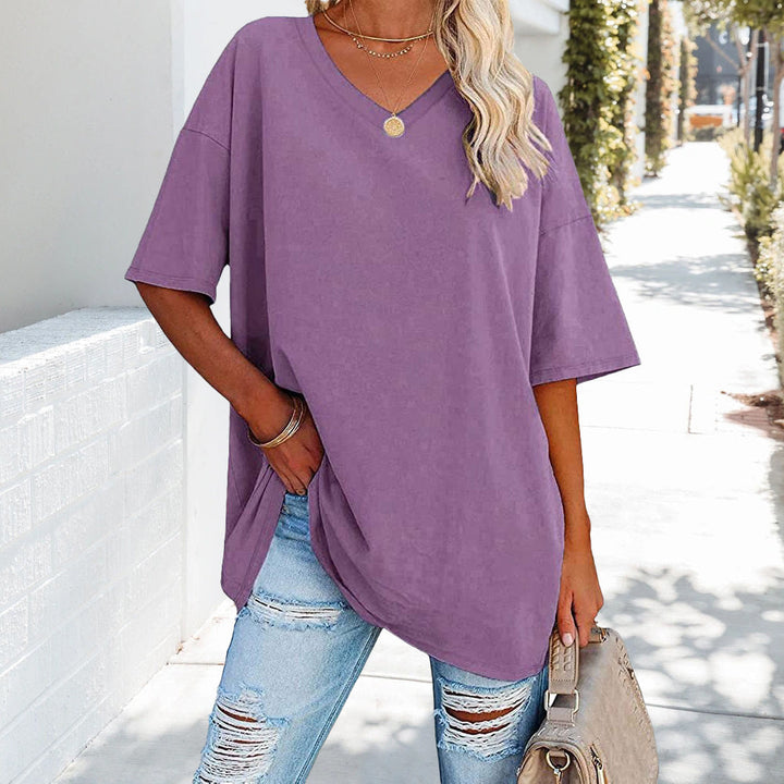 W&W Mode | einfarbiges neues Damen-T-Shirt aus Baumwolle mit V-Ausschnitt