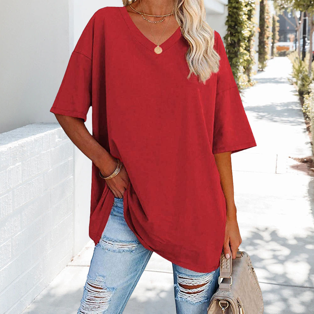 W&W Mode | einfarbiges neues Damen-T-Shirt aus Baumwolle mit V-Ausschnitt