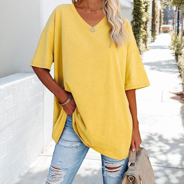 W&W Mode | einfarbiges neues Damen-T-Shirt aus Baumwolle mit V-Ausschnitt