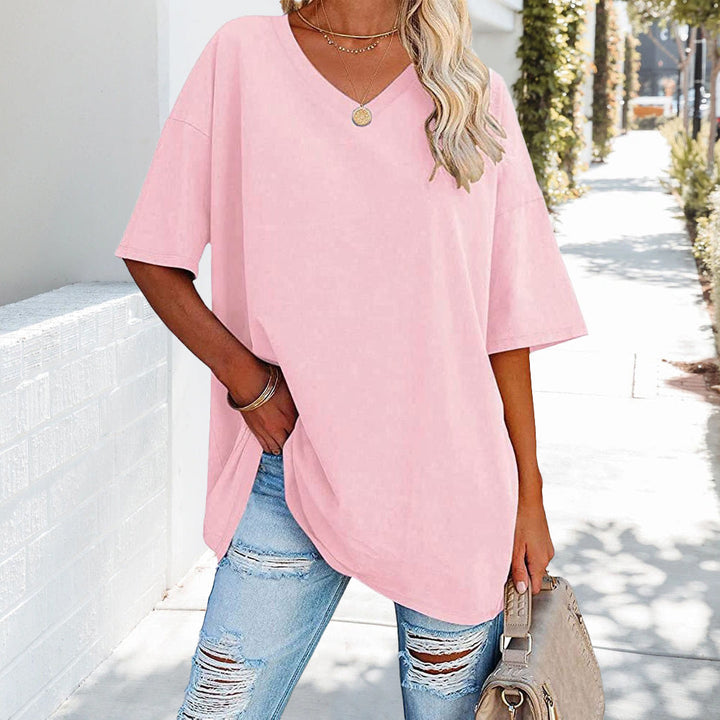 W&W Mode | einfarbiges neues Damen-T-Shirt aus Baumwolle mit V-Ausschnitt