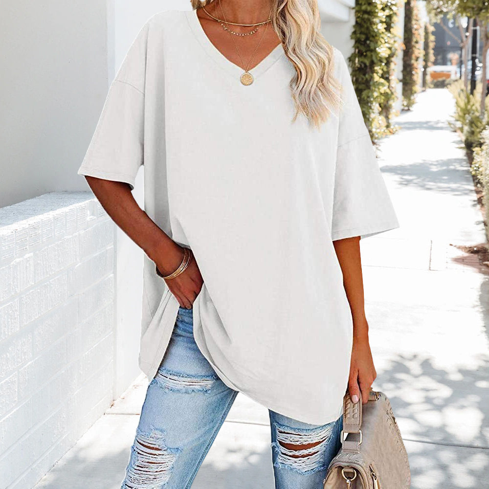 W&W Mode | einfarbiges neues Damen-T-Shirt aus Baumwolle mit V-Ausschnitt