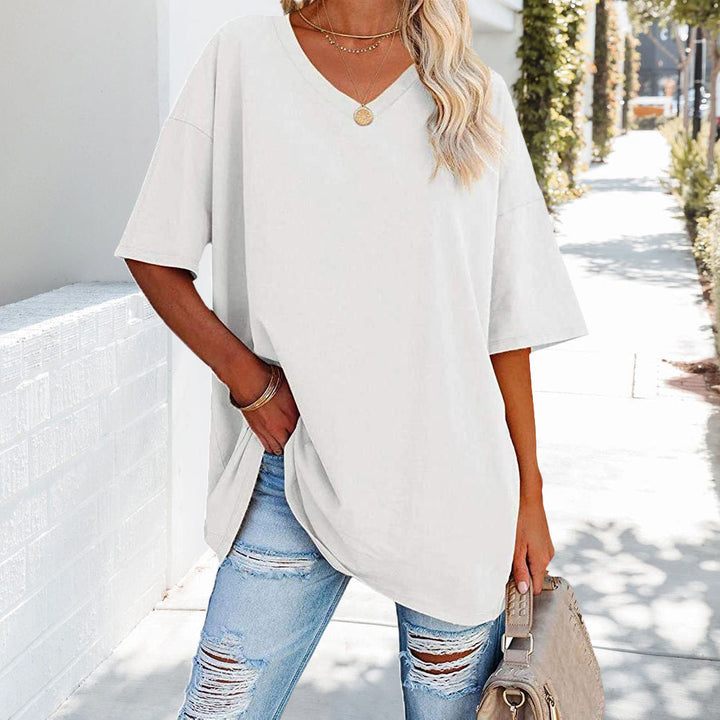 W&W Mode | einfarbiges neues Damen-T-Shirt aus Baumwolle mit V-Ausschnitt