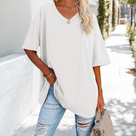 WW | einfarbiges neues Damen-T-Shirt aus Baumwolle mit V-Ausschnitt