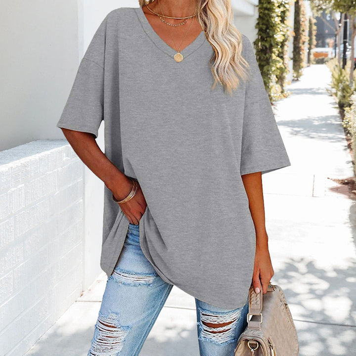 W&W Mode | einfarbiges neues Damen-T-Shirt aus Baumwolle mit V-Ausschnitt