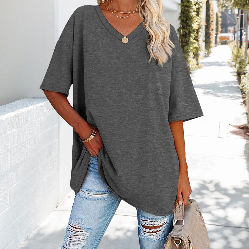 W&W Mode | einfarbiges neues Damen-T-Shirt aus Baumwolle mit V-Ausschnitt