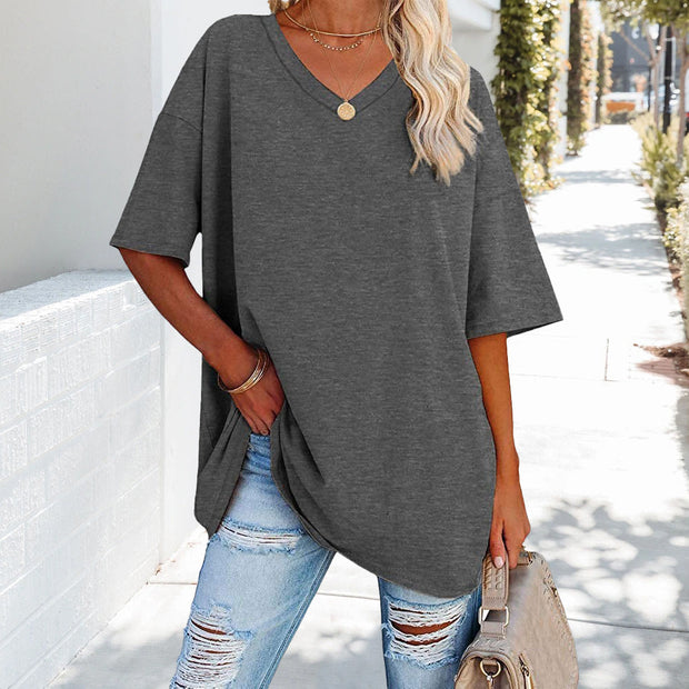 WW | einfarbiges neues Damen-T-Shirt aus Baumwolle mit V-Ausschnitt