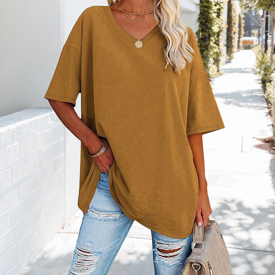WW | einfarbiges neues Damen-T-Shirt aus Baumwolle mit V-Ausschnitt