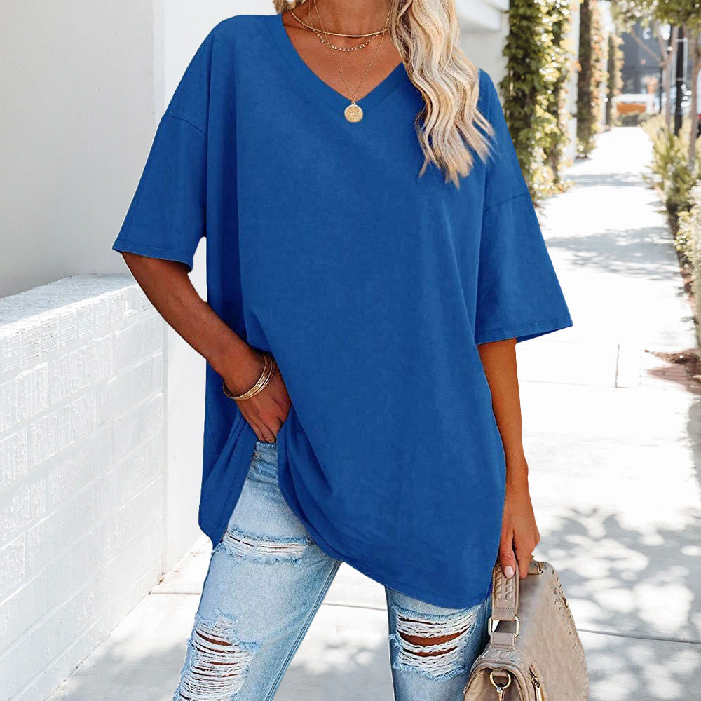 W&W Mode | einfarbiges neues Damen-T-Shirt aus Baumwolle mit V-Ausschnitt