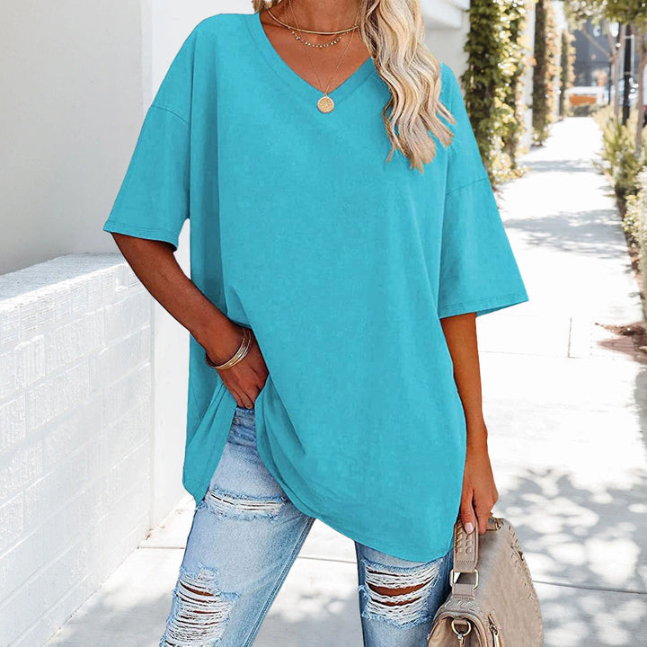 W&W Mode | einfarbiges neues Damen-T-Shirt aus Baumwolle mit V-Ausschnitt