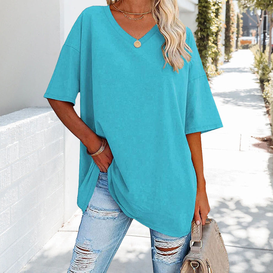 WW | einfarbiges neues Damen-T-Shirt aus Baumwolle mit V-Ausschnitt