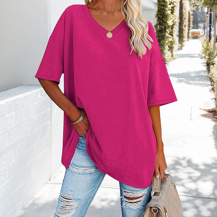 W&W Mode | einfarbiges neues Damen-T-Shirt aus Baumwolle mit V-Ausschnitt