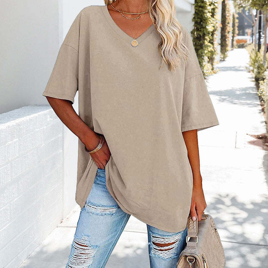 WW | einfarbiges neues Damen-T-Shirt aus Baumwolle mit V-Ausschnitt