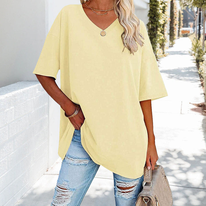 W&W Mode | einfarbiges neues Damen-T-Shirt aus Baumwolle mit V-Ausschnitt