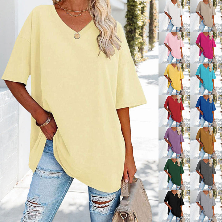 W&W Mode | einfarbiges neues Damen-T-Shirt aus Baumwolle mit V-Ausschnitt
