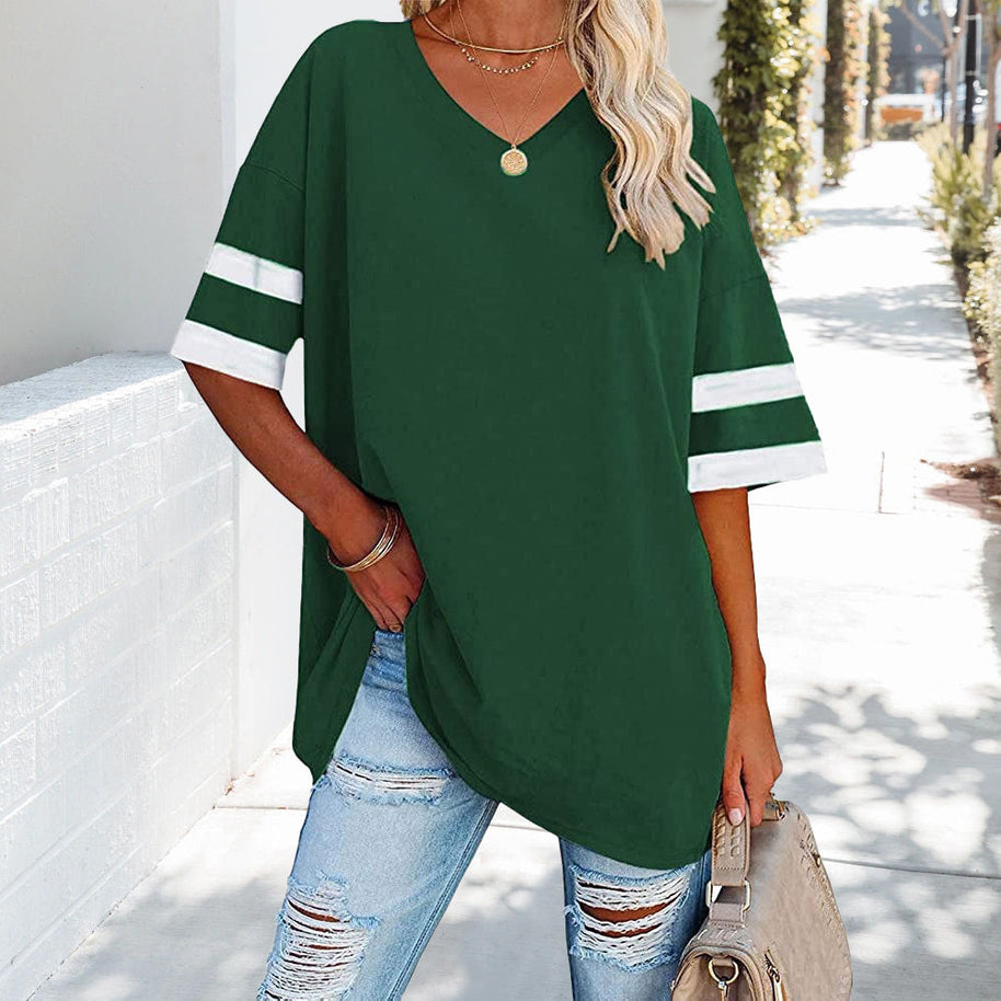 WW | Kontrastfarbenes, lockeres Damen-T-Shirt mit V-Ausschnitt