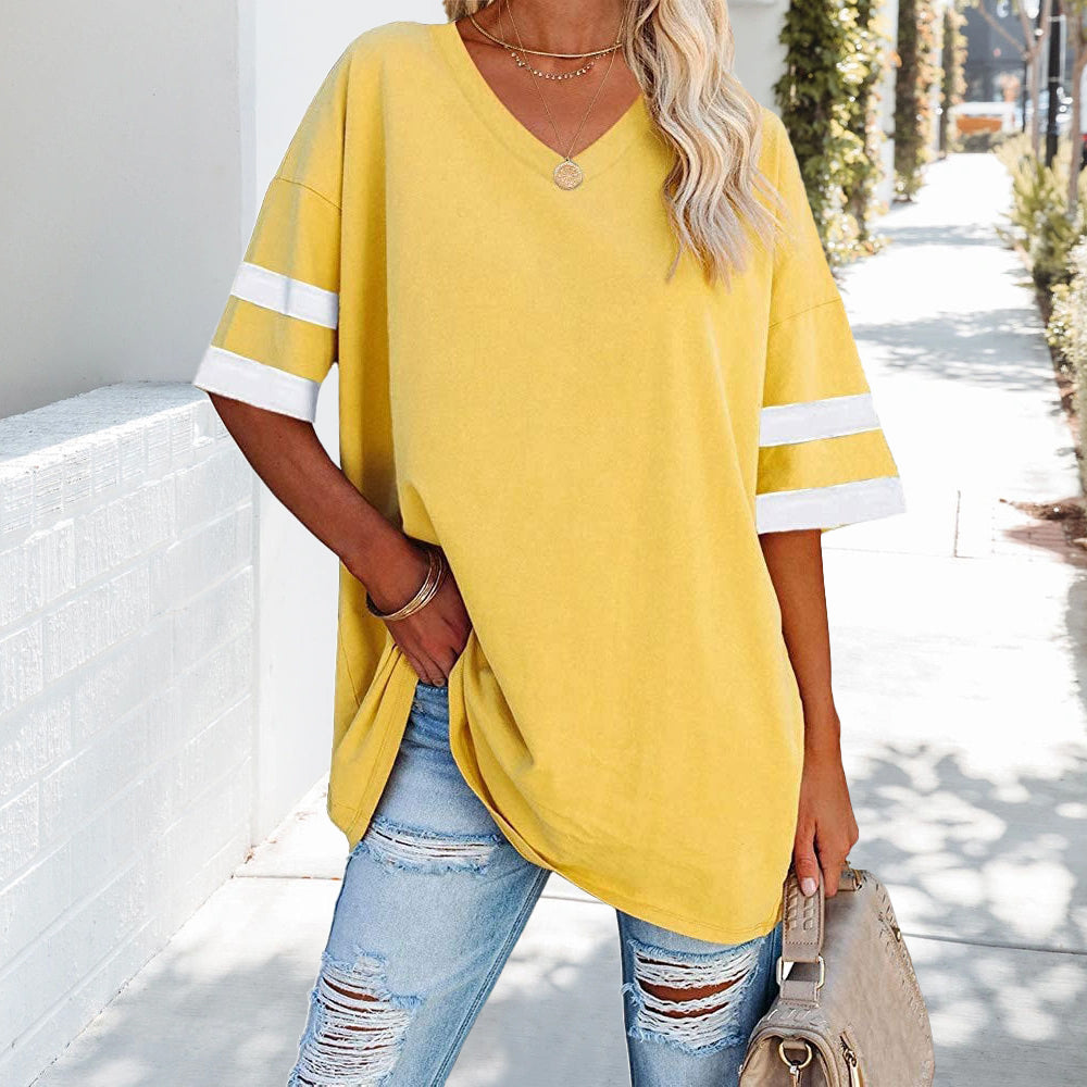 W&W Mode | Kontrastfarbenes, lockeres Damen-T-Shirt mit V-Ausschnitt