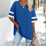 WW | Kontrastfarbenes, lockeres Damen-T-Shirt mit V-Ausschnitt