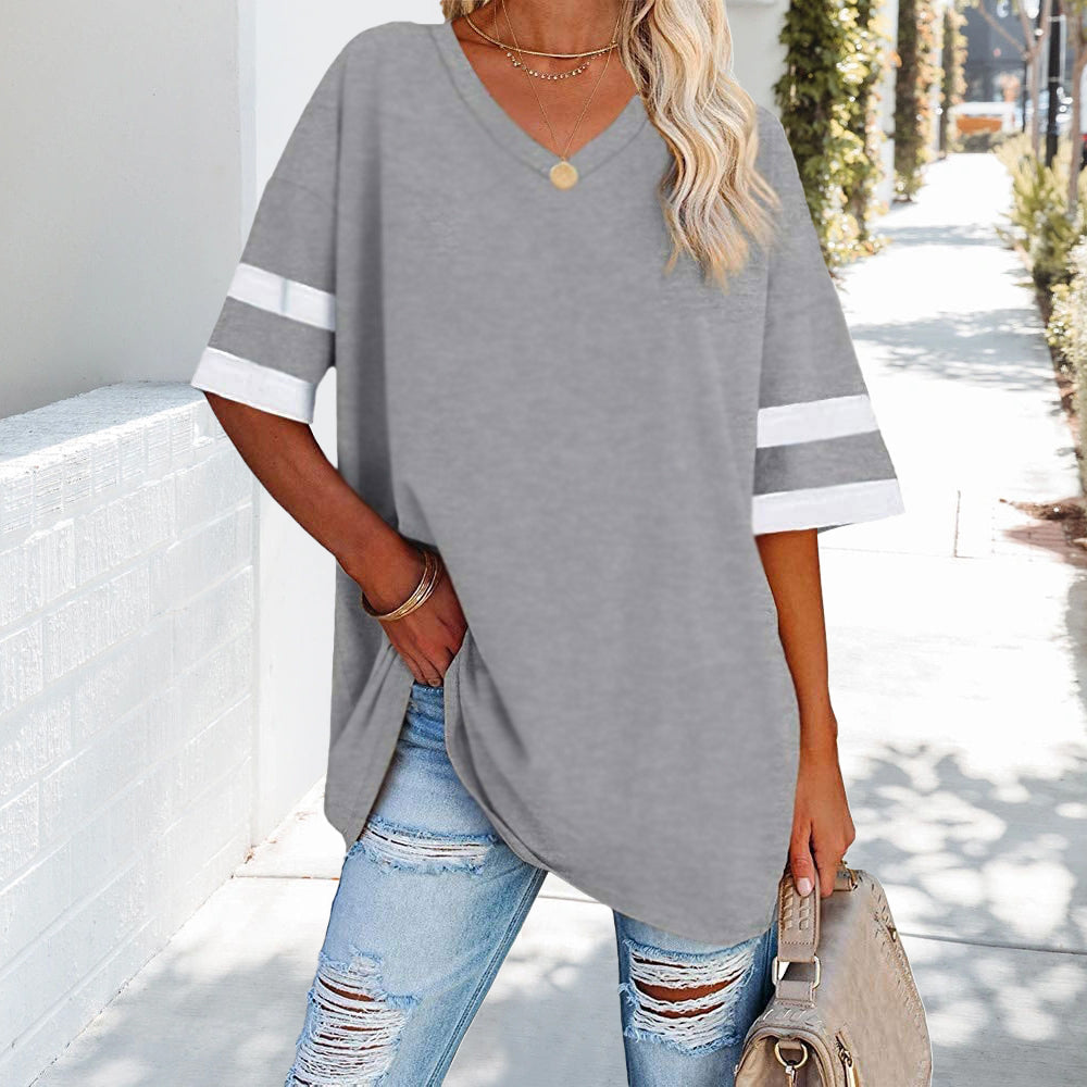 W&W Mode | Kontrastfarbenes, lockeres Damen-T-Shirt mit V-Ausschnitt