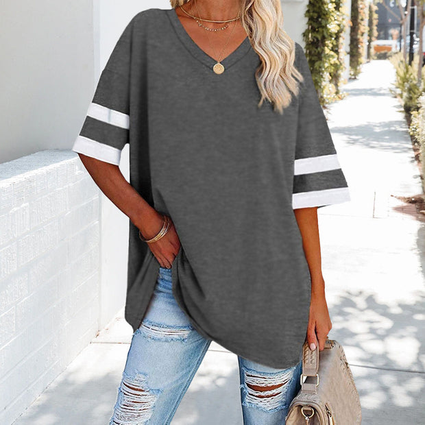WW | Kontrastfarbenes, lockeres Damen-T-Shirt mit V-Ausschnitt
