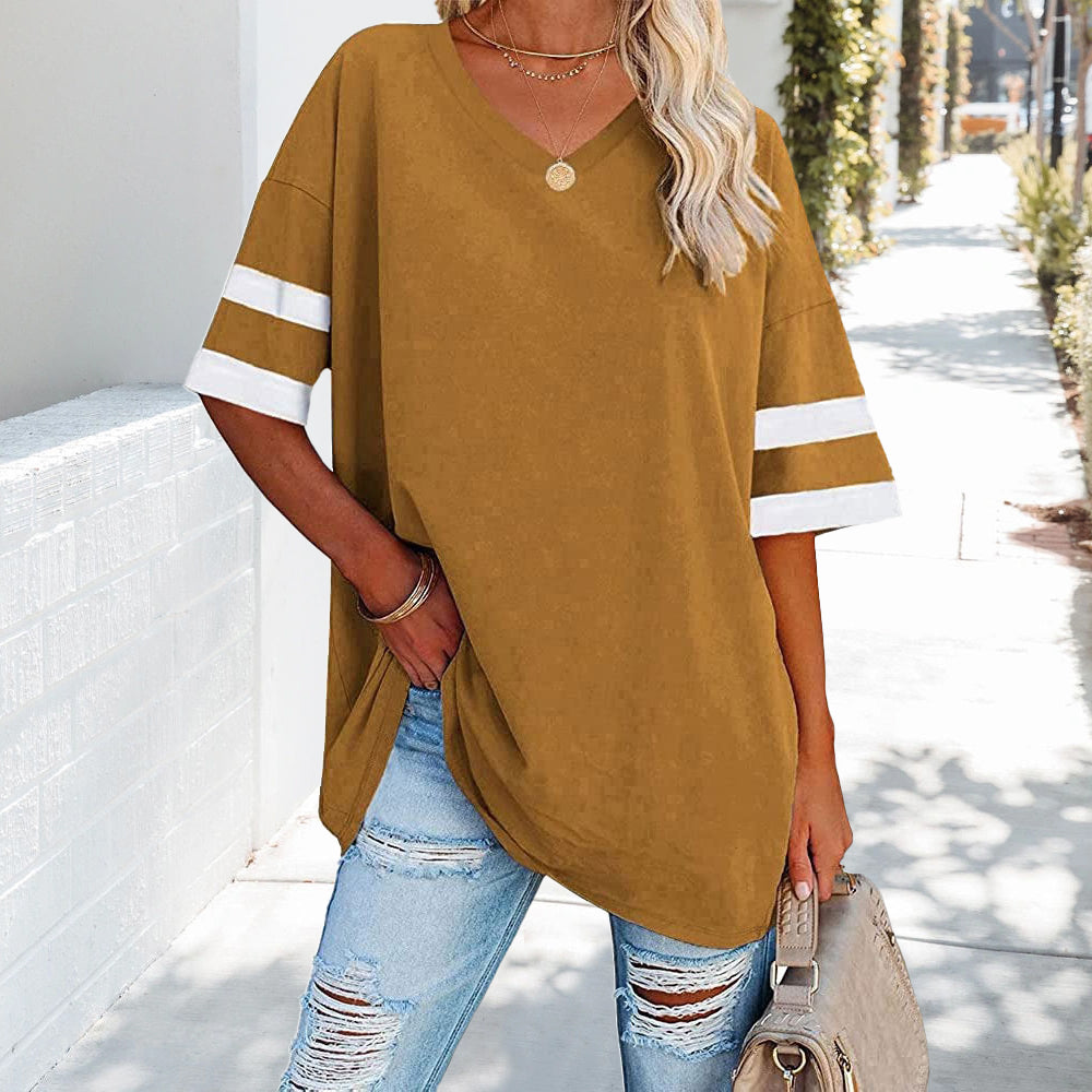 WW | Kontrastfarbenes, lockeres Damen-T-Shirt mit V-Ausschnitt