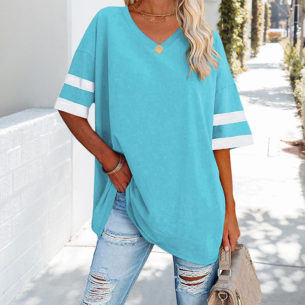 W&W Mode | Kontrastfarbenes, lockeres Damen-T-Shirt mit V-Ausschnitt