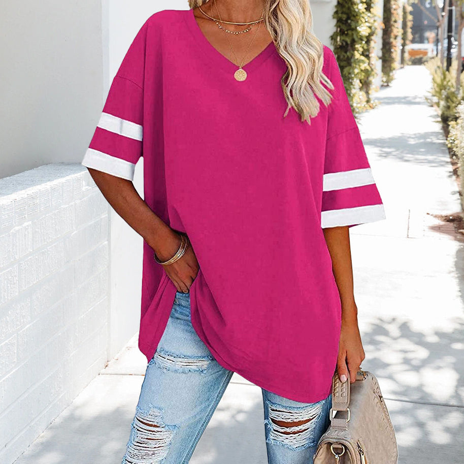 WW | Kontrastfarbenes, lockeres Damen-T-Shirt mit V-Ausschnitt