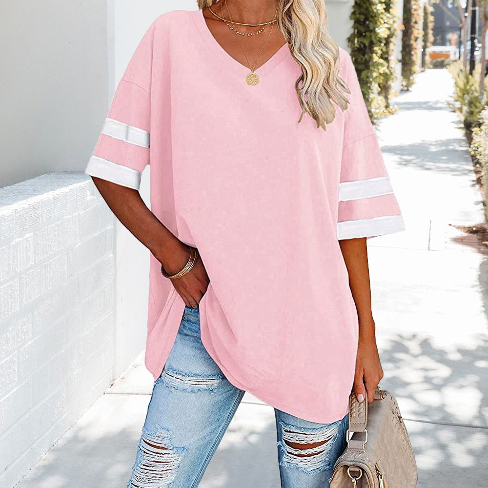 WW | Kontrastfarbenes, lockeres Damen-T-Shirt mit V-Ausschnitt