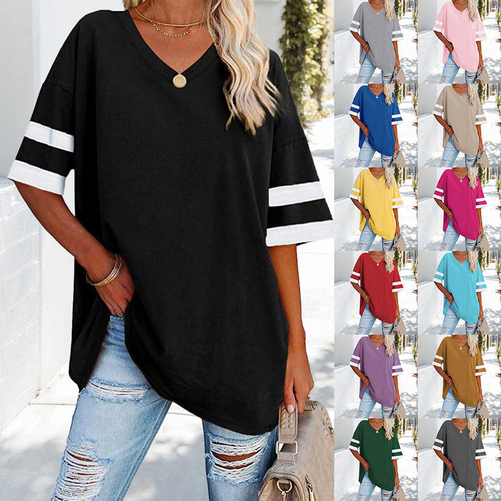 W&W Mode | Kontrastfarbenes, lockeres Damen-T-Shirt mit V-Ausschnitt