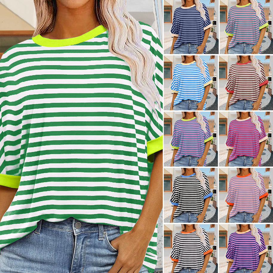 WW | sommer Damen Neue Einfache Gestreiften Rundhals Trendy Kurzen Ärmeln