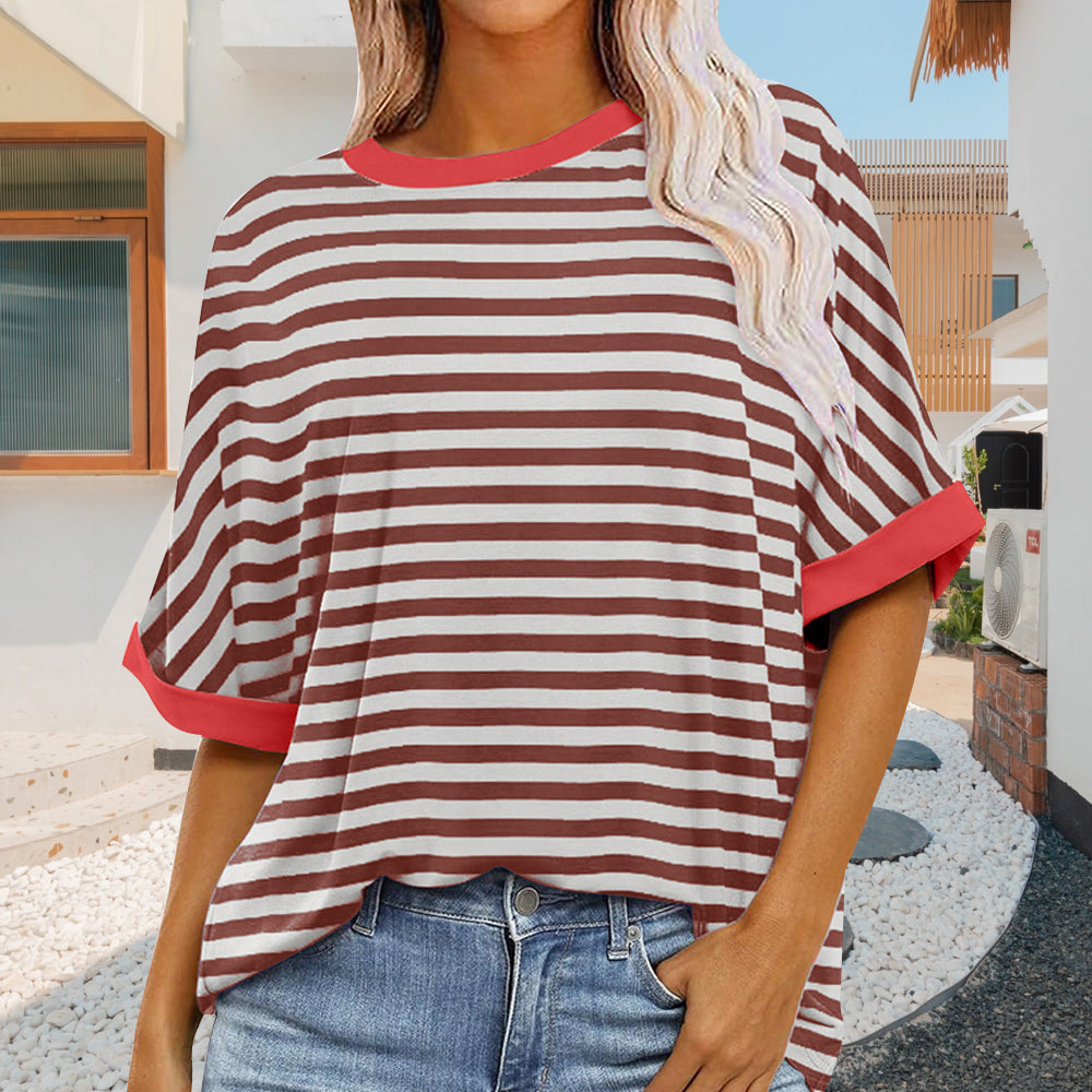 W&W Mode | sommer Damen Neue Einfache Gestreiften Rundhals Trendy Kurzen Ärmeln