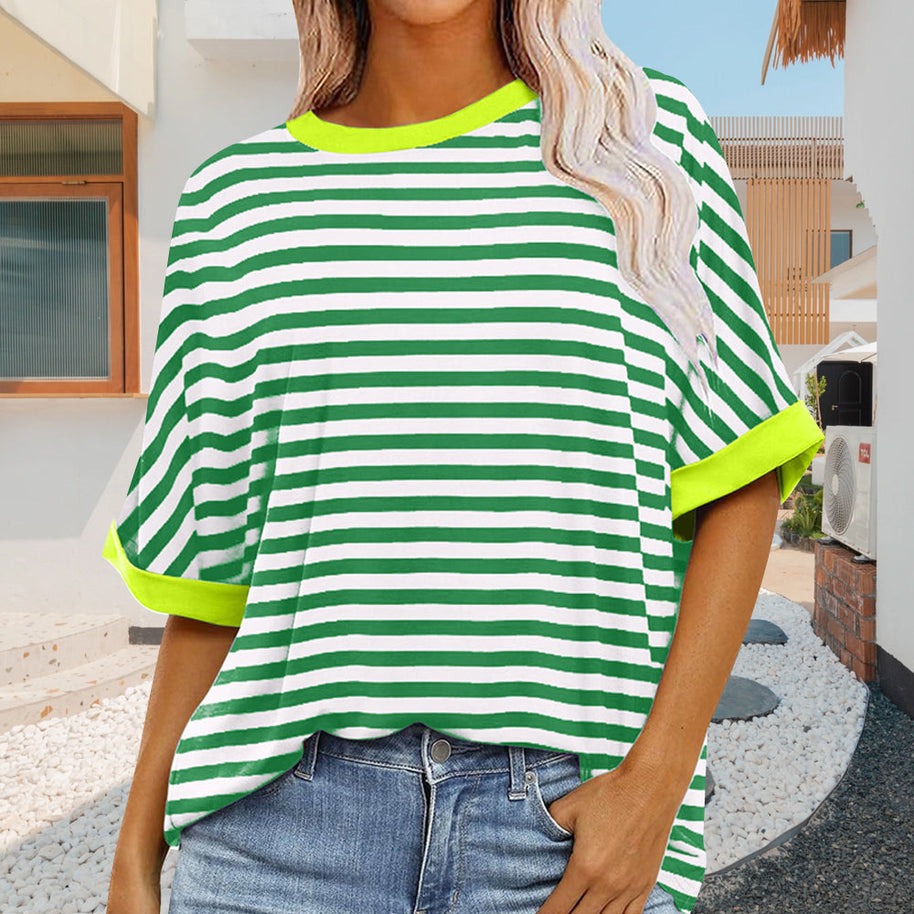 WW | sommer Damen Neue Einfache Gestreiften Rundhals Trendy Kurzen Ärmeln