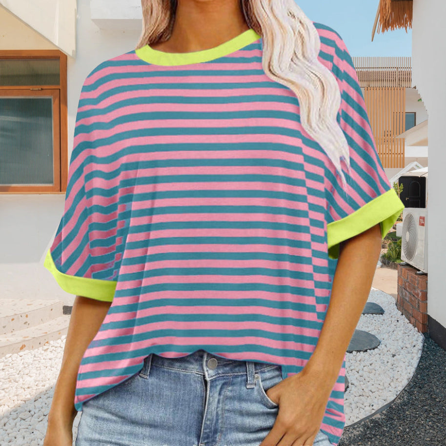WW | sommer Damen Neue Einfache Gestreiften Rundhals Trendy Kurzen Ärmeln