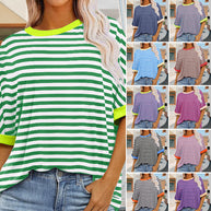 WW | sommer Damen Neue Einfache Gestreiften Rundhals Trendy Kurzen Ärmeln