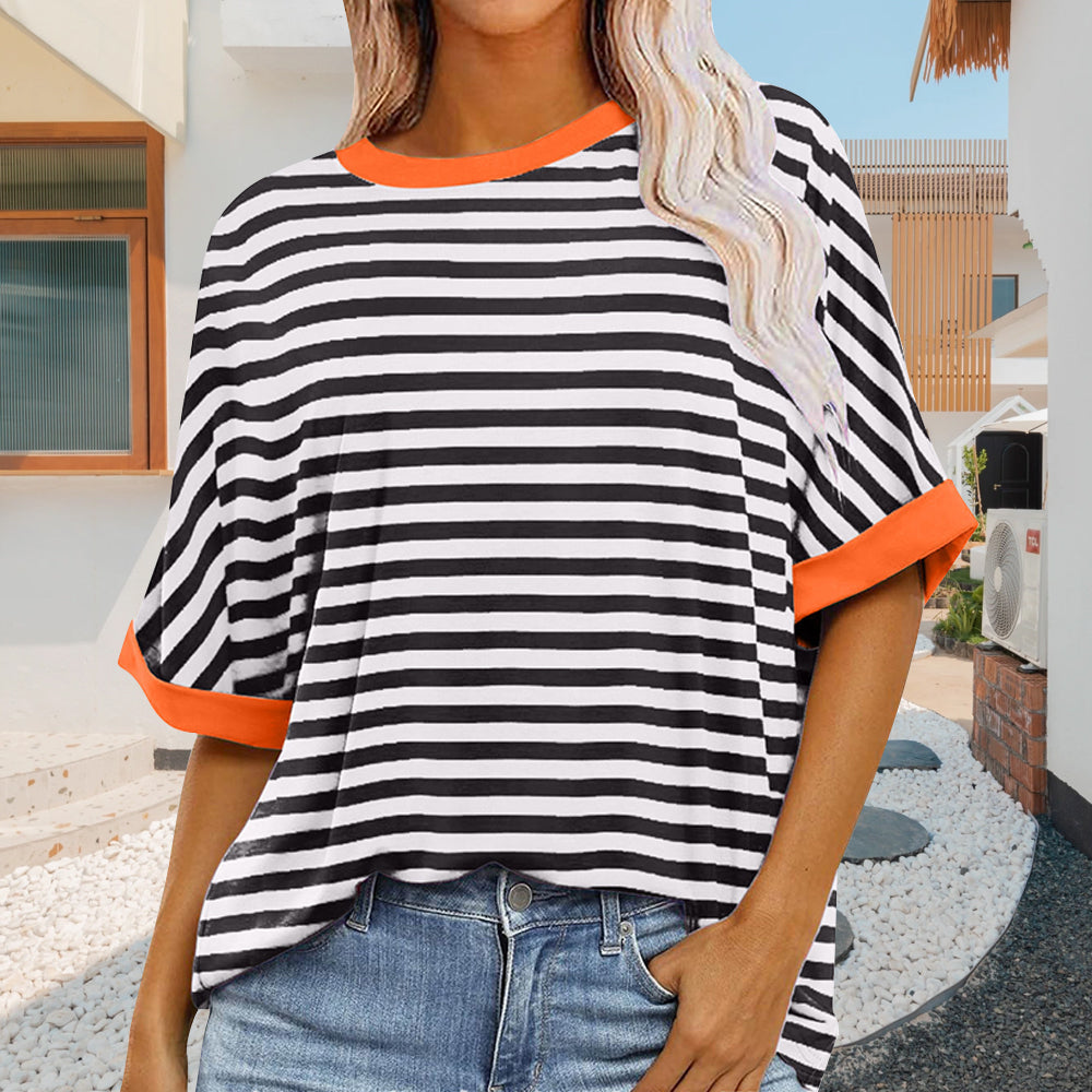 W&W Mode | sommer Damen Neue Einfache Gestreiften Rundhals Trendy Kurzen Ärmeln