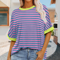 WW | sommer Damen Neue Einfache Gestreiften Rundhals Trendy Kurzen Ärmeln