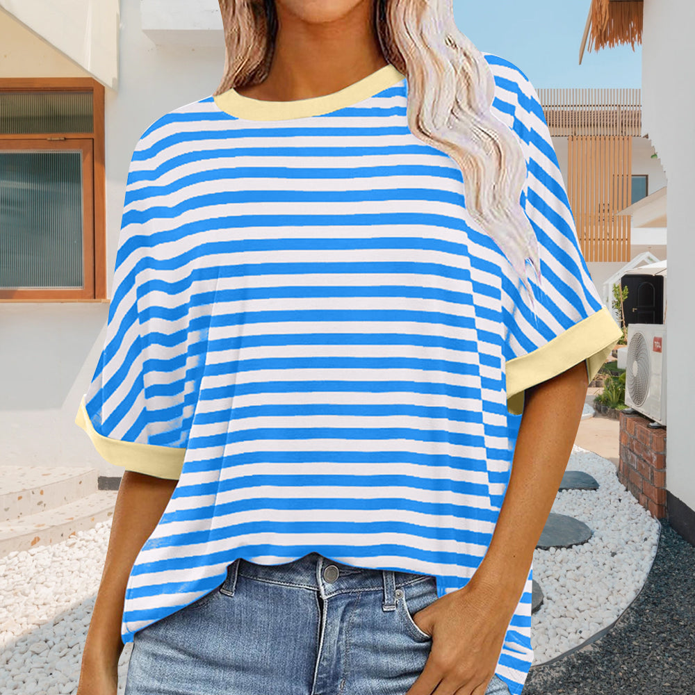 WW | sommer Damen Neue Einfache Gestreiften Rundhals Trendy Kurzen Ärmeln