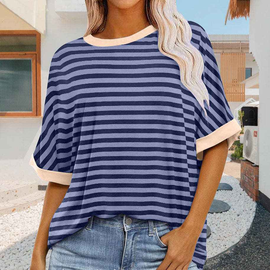 WW | sommer Damen Neue Einfache Gestreiften Rundhals Trendy Kurzen Ärmeln