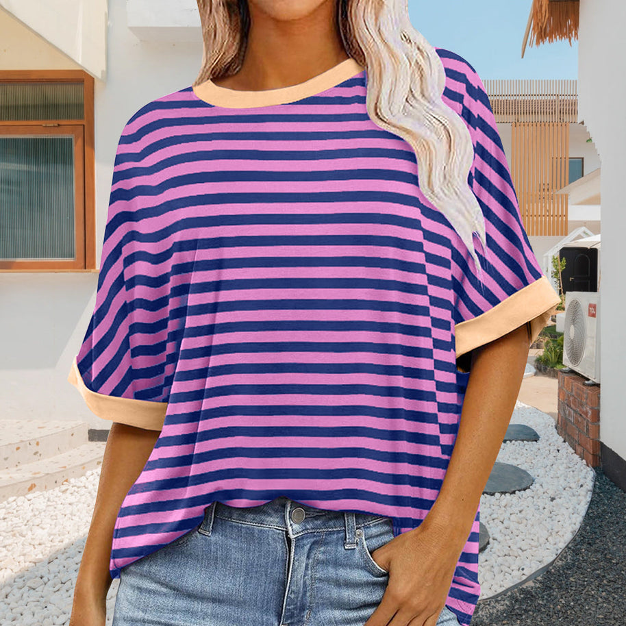 WW | sommer Damen Neue Einfache Gestreiften Rundhals Trendy Kurzen Ärmeln