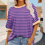 WW | sommer Damen Neue Einfache Gestreiften Rundhals Trendy Kurzen Ärmeln
