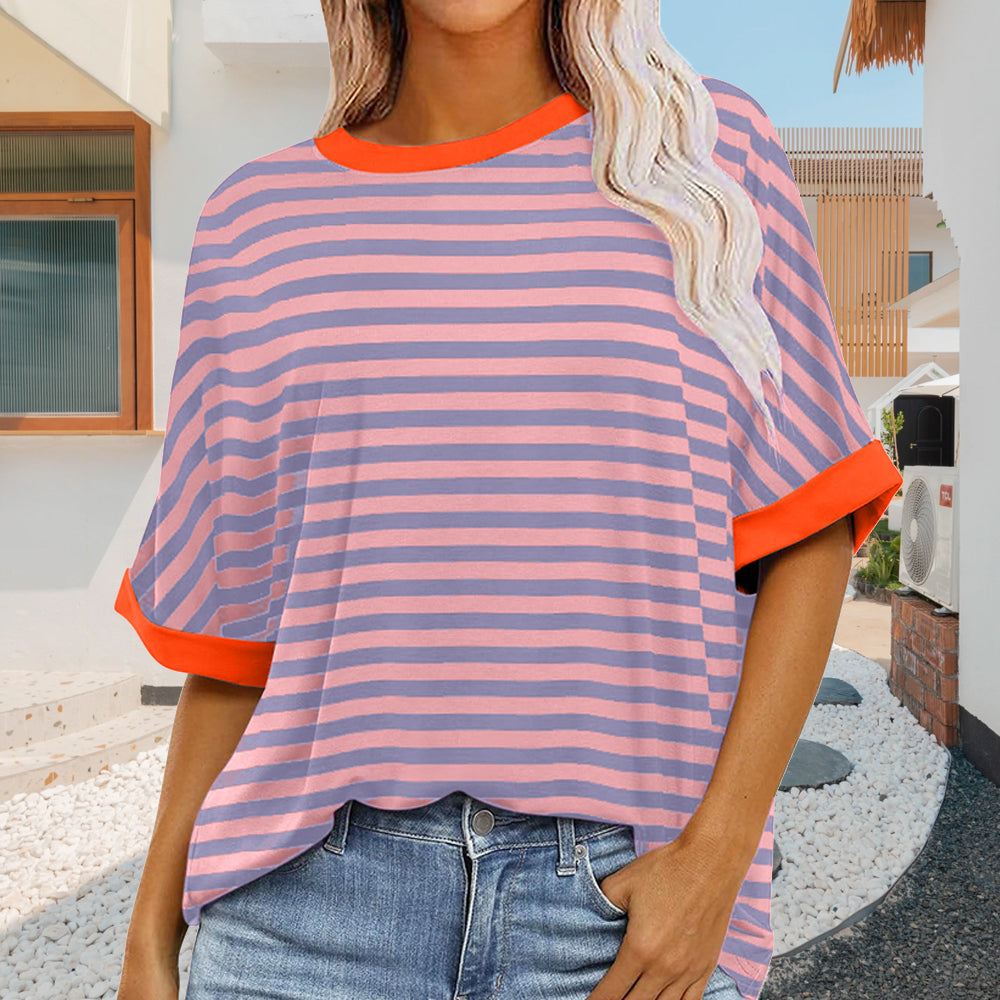 W&W Mode | sommer Damen Neue Einfache Gestreiften Rundhals Trendy Kurzen Ärmeln