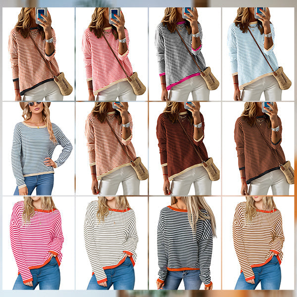 W&W Mode | Gestreiftes, Lockeres und Vielseitiges Langarm-Strickpullover-Top für Damen