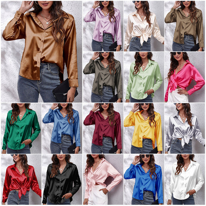 W&W Mode | einfarbiges Langarmshirt aus Satinimitatseide für Damen