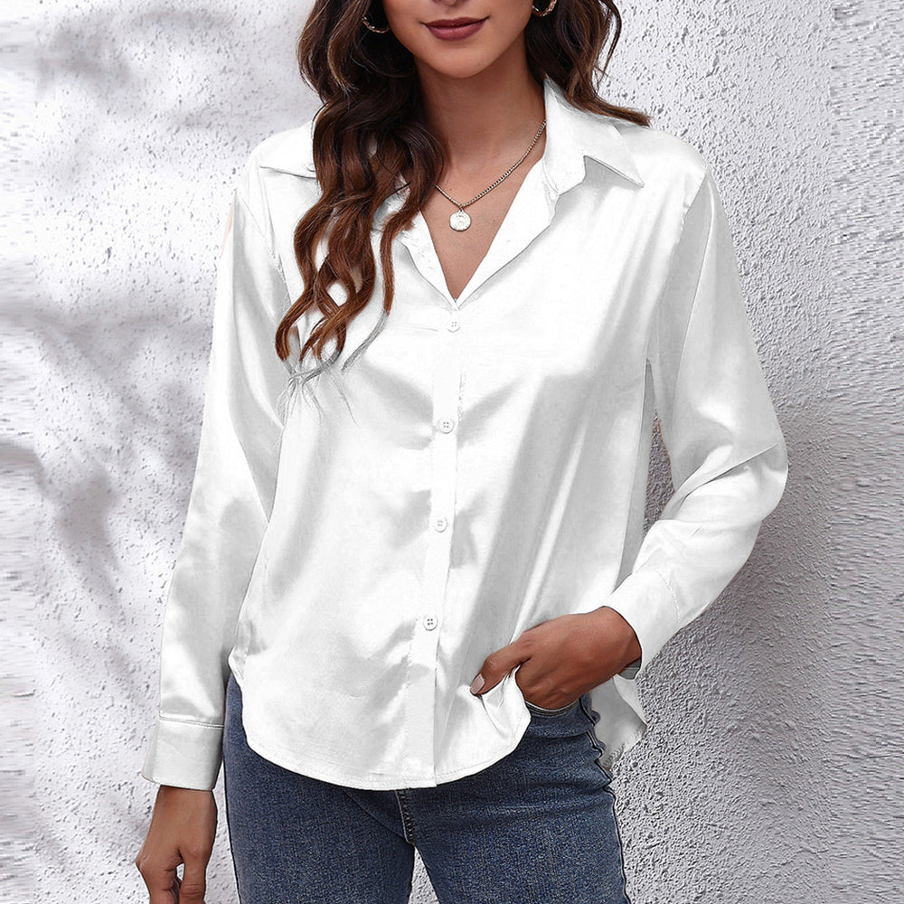 W&W Mode | einfarbiges Langarmshirt aus Satinimitatseide für Damen
