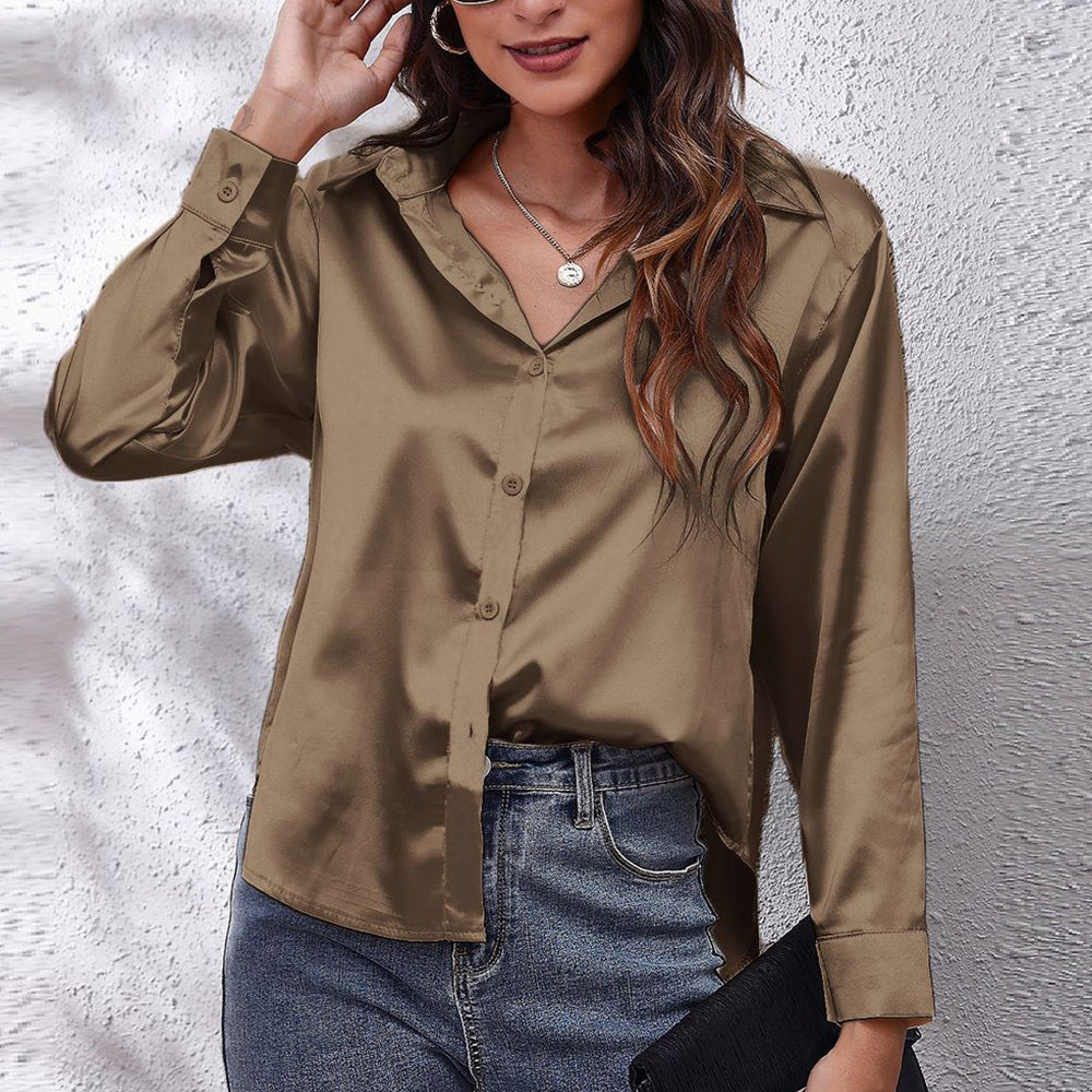 W&W Mode | einfarbiges Langarmshirt aus Satinimitatseide für Damen