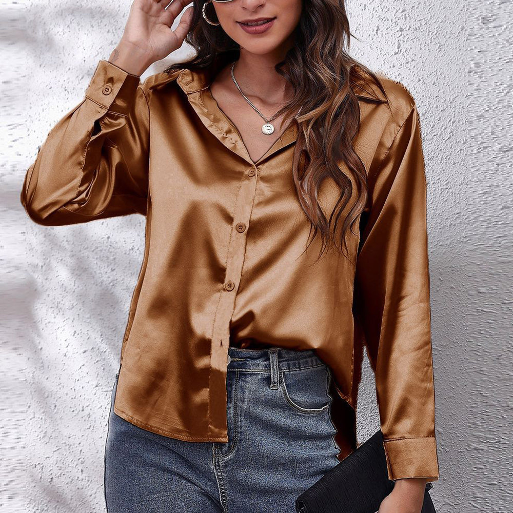 W&W Mode | einfarbiges Langarmshirt aus Satinimitatseide für Damen