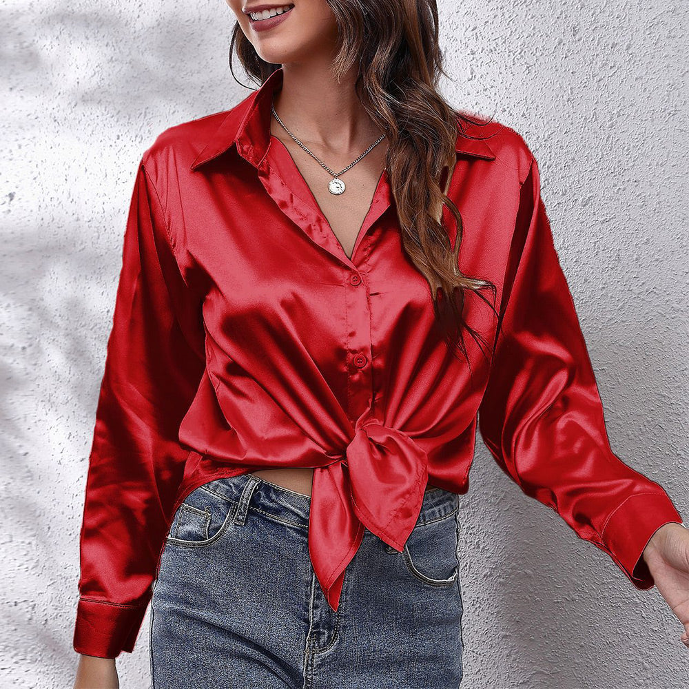 W&W Mode | einfarbiges Langarmshirt aus Satinimitatseide für Damen
