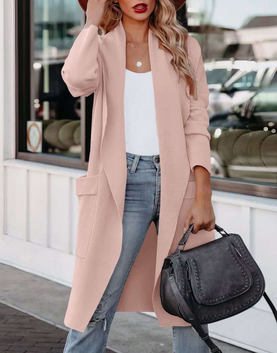 WW | Lange Strickjacke mit Offener Vorderseite Im Lässigen Stil