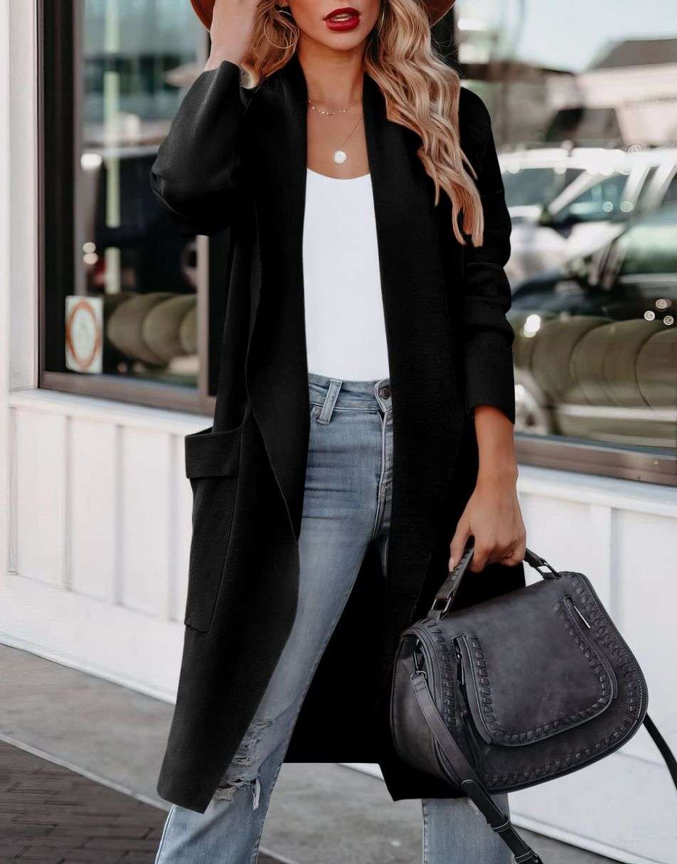 WW | Lange Strickjacke mit Offener Vorderseite Im Lässigen Stil